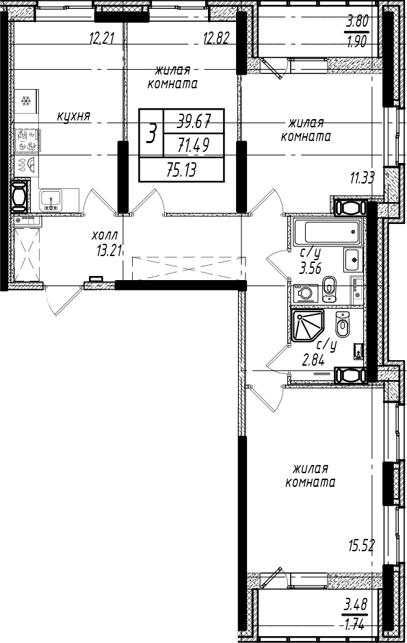 3-комнатная квартира 75.13 м², 4/25 эт., ЖК «Северная Долина»